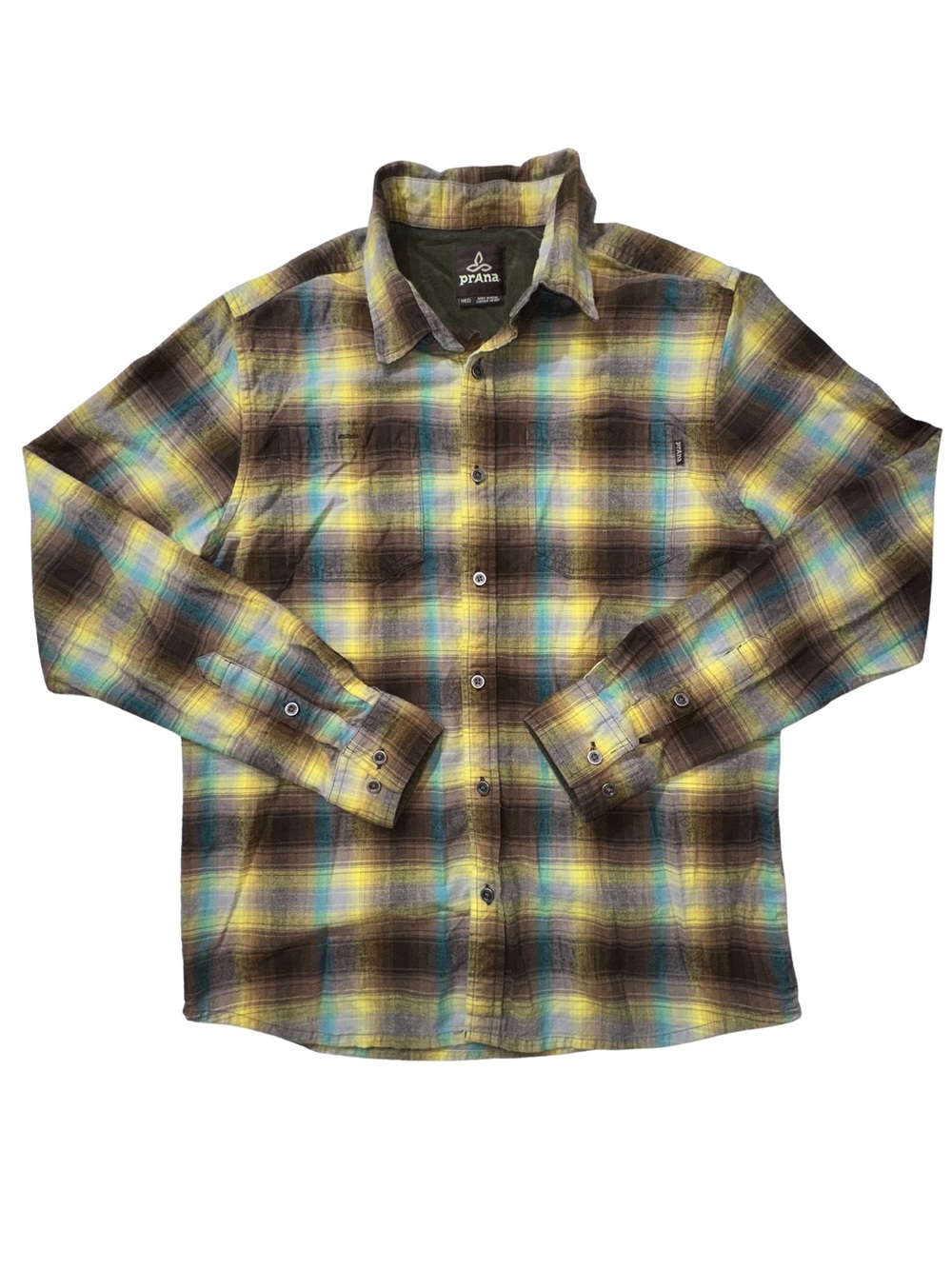 prAna Men’s Medium Organic Cotton Plaid Long Sleeve Button Up Shirt Brown Aqua